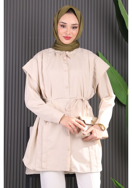 Pudra Bel Kuşaklı Omuz Detaylı Gömlek fiyatları