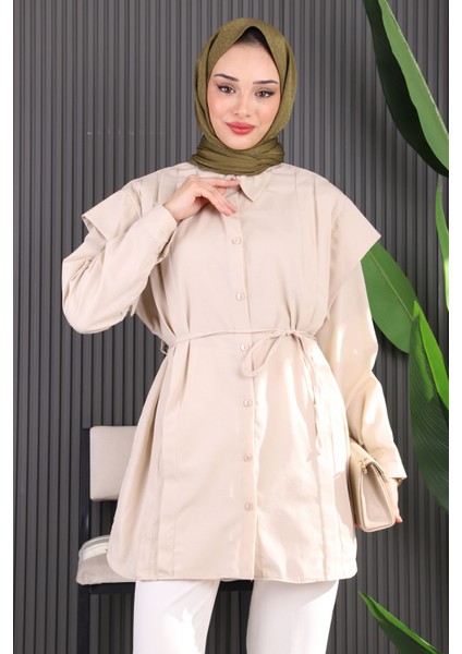 Pudra Bel Kuşaklı Omuz Detaylı Gömlek modelleri