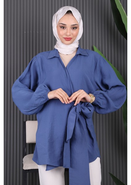 Indigo Yan Bağlamalı Kimono