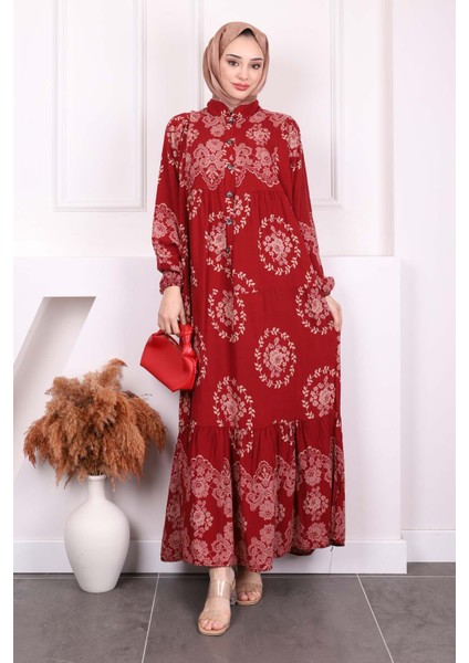 Bordo Desenli Yarım Düğmeli Viscon Elbise