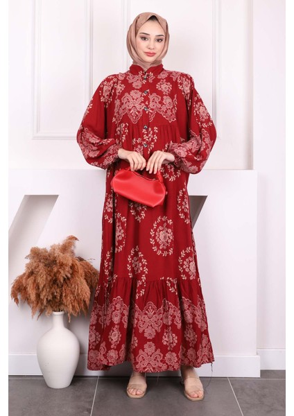Bordo Desenli Yarım Düğmeli Viscon Elbise fiyatları