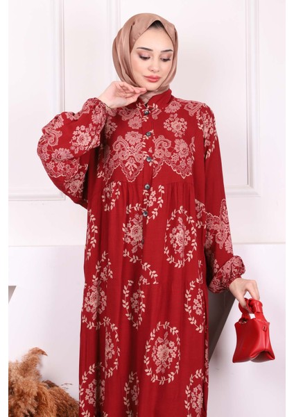 Bordo Desenli Yarım Düğmeli Viscon Elbise modelleri