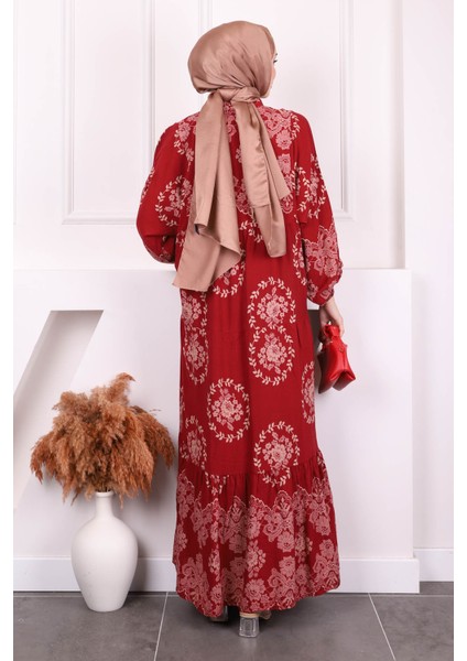 Bordo Desenli Yarım Düğmeli Viscon Elbise fırsatları