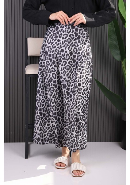Bej Leopar Desenli Saten Etek