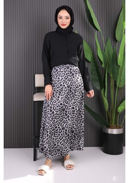 Bej Leopar Desenli Saten Etek