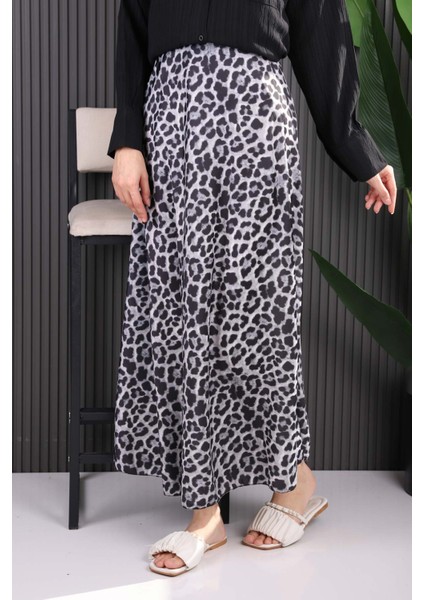 Bej Leopar Desenli Saten Etek