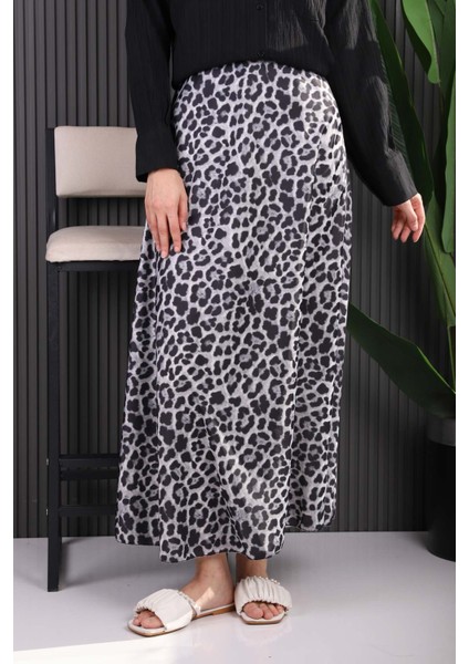 Bej Leopar Desenli Saten Etek