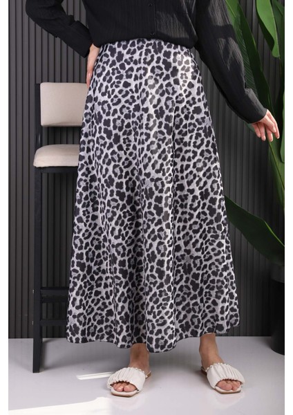 Bej Leopar Desenli Saten Etek