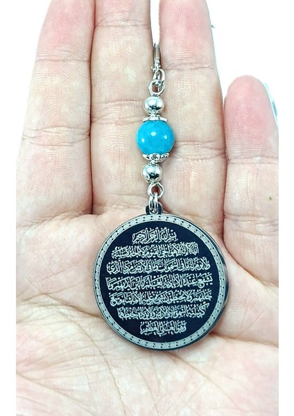 Gümüş Renk Çelik Çift Taraflı Ayetel Kürsi Nazar Ayeti Araba Dikiz Ayna Süsü, Turkuaz Doğal Taşlı
