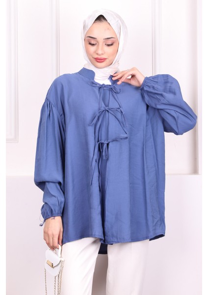 Indigo Ön Bağlamalı Kimono