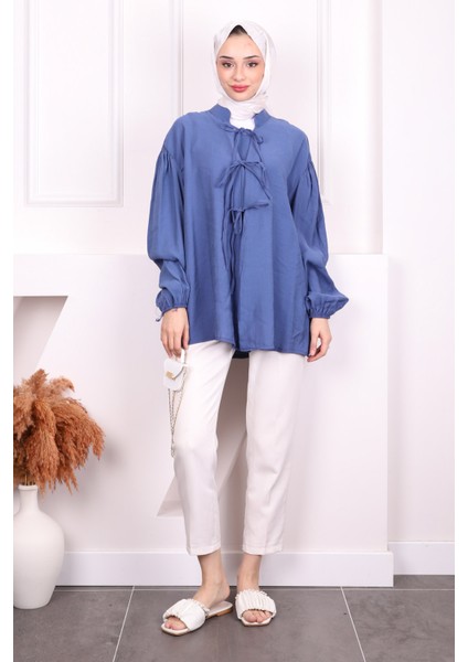 Indigo Ön Bağlamalı Kimono