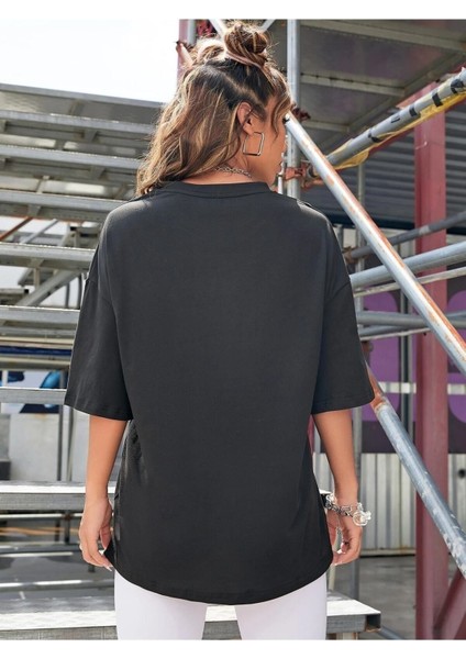 Kadın / Kız Rockıes Baskılı Siyah Oversize T-Shirt Salaş Boyfirend fırsatları