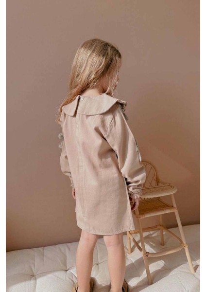 Dokulu Çiçek Işlemeli Kız Çocuk Gabardin elbise - Bej fiyatları