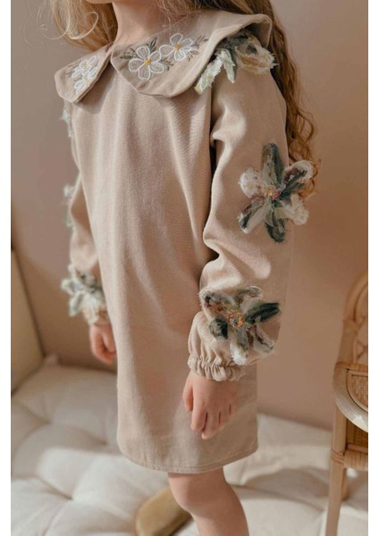 Dokulu Çiçek Işlemeli Kız Çocuk Gabardin elbise - Bej modelleri