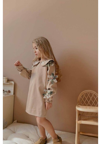 Dokulu Çiçek Işlemeli Kız Çocuk Gabardin elbise - Bej fırsatları