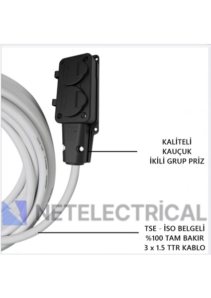 Kauçuk 2'li 1 Metre Topraklı Grup Priz - 3x1.5 Ttr Tam Bakır Beyaz Kablo