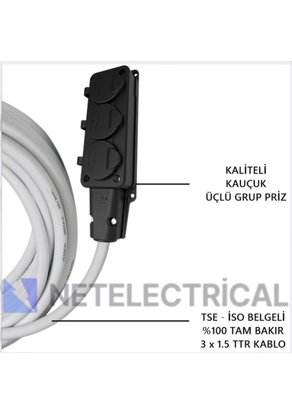Kauçuk 3'lü 5 Metre Topraklı Grup Priz - 3x1.5 Ttr Tam Bakır Beyaz Kablo fiyatları