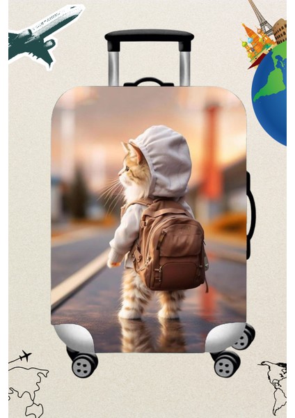 Likralı Esnek Kumaş Kedi Seyahat Desenli Dayanıklı Valiz Ve Bavul Kılıfı