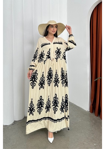 Kadın Elbise Uzun Yazlık Desenli V Yaka Tesettür Elbise