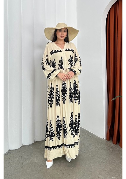 Kadın Elbise Uzun Yazlık Desenli V Yaka Tesettür Elbise fiyatları