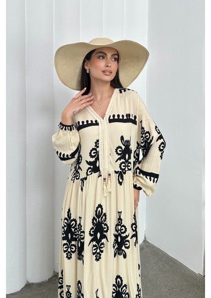 Kadın Elbise Uzun Yazlık Desenli V Yaka Tesettür Elbise modelleri