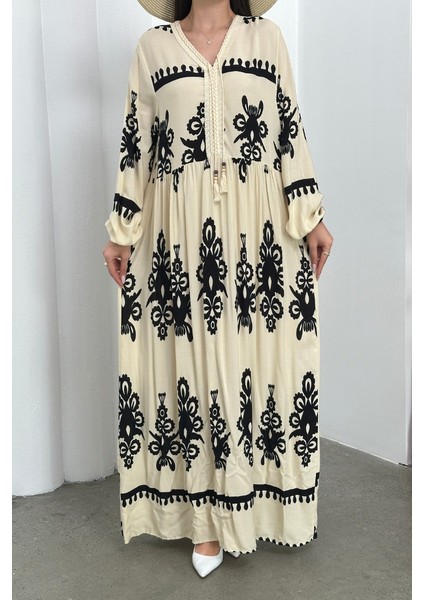 Kadın Elbise Uzun Yazlık Desenli V Yaka Tesettür Elbise fırsatları