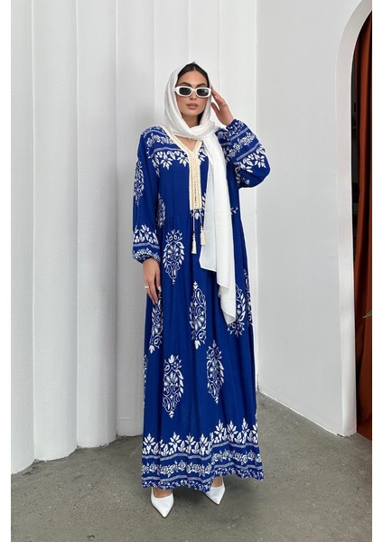 Kadın Elbise Uzun Yazlık Desenli V Yaka Tesettür Elbise fiyatları