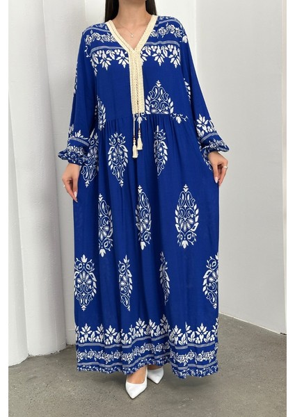 Kadın Elbise Uzun Yazlık Desenli V Yaka Tesettür Elbise fırsatları