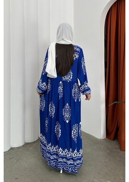 Kadın Elbise Uzun Yazlık Desenli V Yaka Tesettür Elbise indirimleri