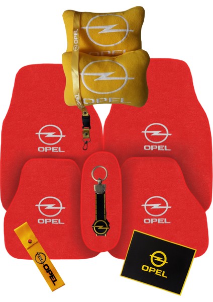 Opel Nakışlı Kırmızı Oto Halı Paspas | Opel Sarı Araç Boyun Yastığı & Opel Araç Oto Aksesuar