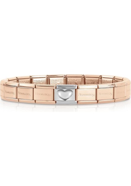 Kişiselleştirilebilir Dekoratif Linkli Klasik Pembe Altın Paslanmaz Çelik Bileklik - Kabartma Kalp