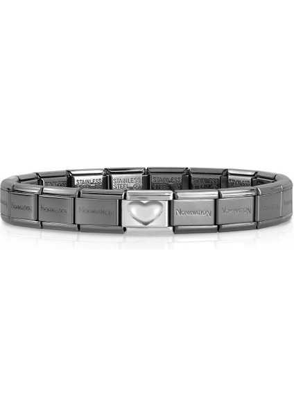 Kişiselleştirilebilir Dekoratif Linkli Klasik Siyah Paslanmaz Çelik Bileklik - Kabartmalı Kalp