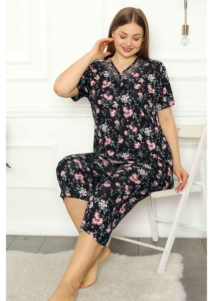 Kadın Siyah Bahar Dalı Kısa Kollu Dantelli V Yaka Büyük Beden Bermuda Pijama Takımı EDY2708B-S fırsatları