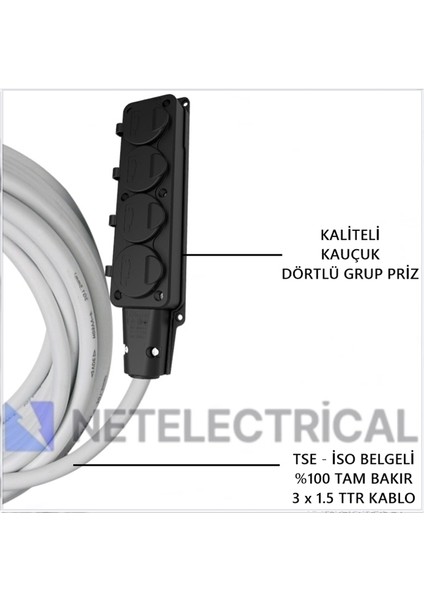 Kauçuk 4'lü 45 Metre Topraklı Grup Priz - 3x1.5 Ttr Tam Bakır Beyaz Kablo fiyatları