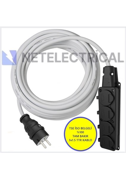 Kauçuk 4'lü 22 Metre Topraklı Grup Priz - 3x1.5 Ttr Tam Bakır Beyaz Kablo