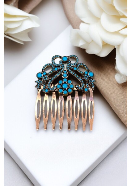 Turkuaz Taşlı Vintage Tarak Topuz Toka