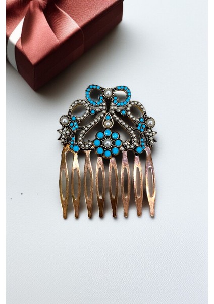 Turkuaz Taşlı Vintage Tarak Topuz Toka