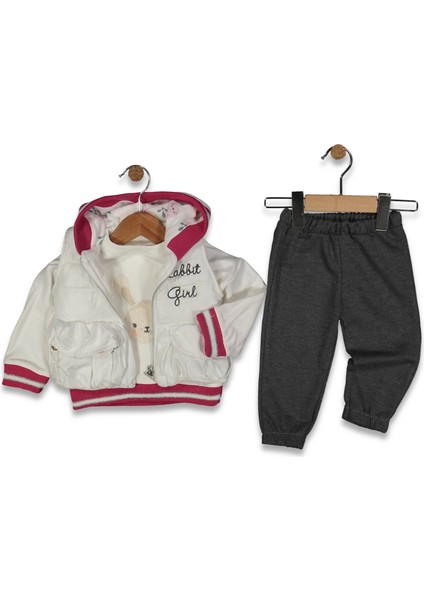 Rabbıt Nakışlı Kapüşonlu Yelekli 3'lü Kız Takım