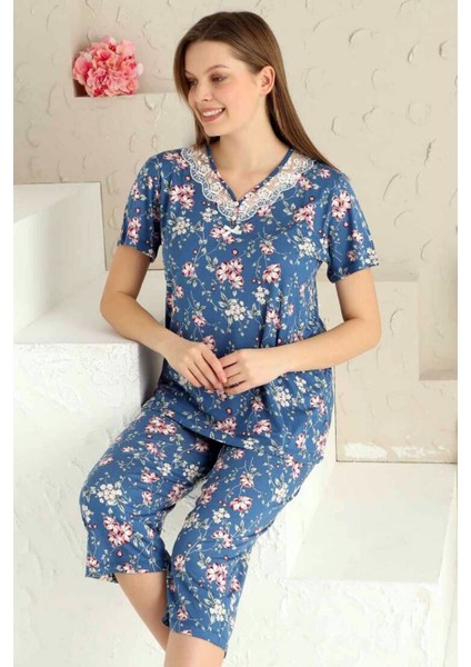 Kadın Indigo Bahar Dalı Kısa Kollu Dantelli V Yaka Kaprili Viskon Pijama Takımı EDY2708İ