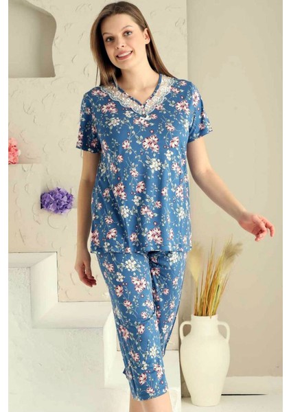 Kadın Indigo Bahar Dalı Kısa Kollu Dantelli V Yaka Kaprili Viskon Pijama Takımı EDY2708İ fiyatları