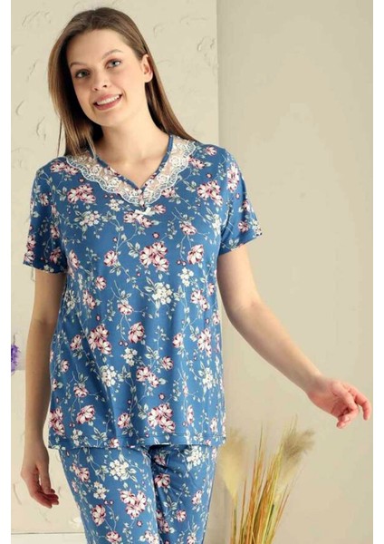Kadın Indigo Bahar Dalı Kısa Kollu Dantelli V Yaka Kaprili Viskon Pijama Takımı EDY2708İ fırsatları