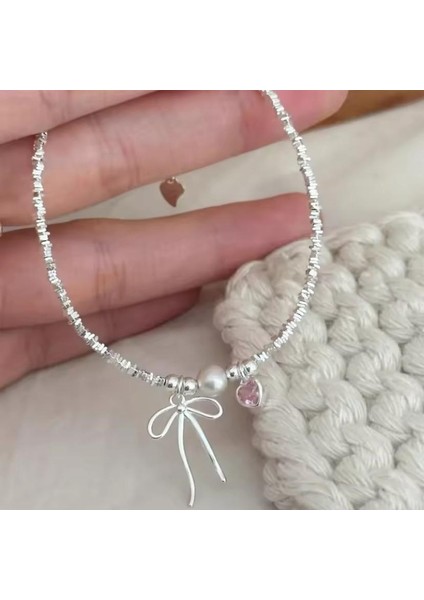 Gümüş Kaplama Coquette Pembe Taşlı Kalp Kurdele Fiyonk Detaylı Pinterest İtalyan Zincir Bileklik modelleri