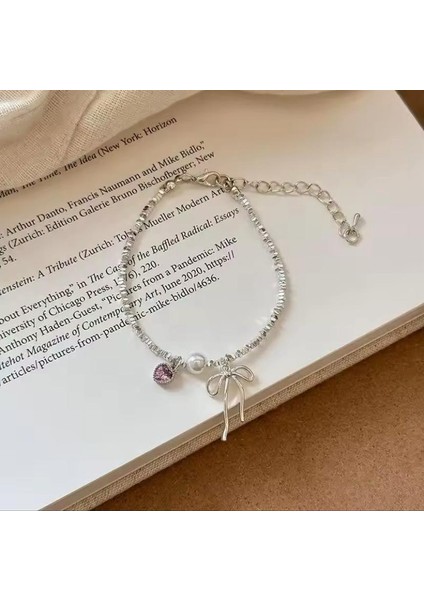 Gümüş Kaplama Coquette Pembe Taşlı Kalp Kurdele Fiyonk Detaylı Pinterest İtalyan Zincir Bileklik indirimleri