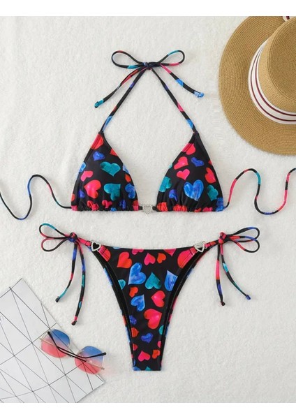 Özel Tasarım Renkli Kalpler Baskılı Üçgen Brazilian Sexy Kadın Scuba Bikini Takımı