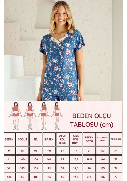 Kadın Indigo Bahar Dalı Kısa Kollu Dantelli V Yaka Kaprili Viskon Pijama Takımı EDY2735İ indirimleri