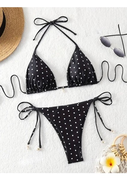 Özel Tasarım Beyaz Minimal Noktalar Baskılı Scuba Üçgen Brazilian Kadın Bikini Takımı
