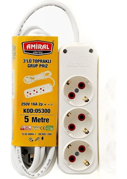 3' Lü Topraklı 5 Metre Kablolu Grup Priz