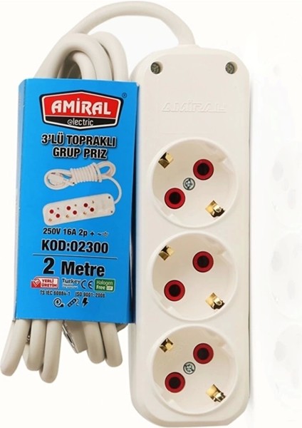3' Lü Topraklı 2 Metre Kablolu Grup Priz
