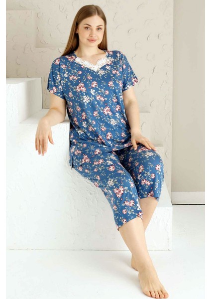 Kadın Indigo Bahar Dalı Kısa Kollu Dantelli V Yaka Büyük Beden Bermuda Pijama Takımı EDY2735B-İ