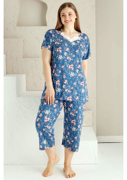 Kadın Indigo Bahar Dalı Kısa Kollu Dantelli V Yaka Büyük Beden Bermuda Pijama Takımı EDY2735B-İ modelleri